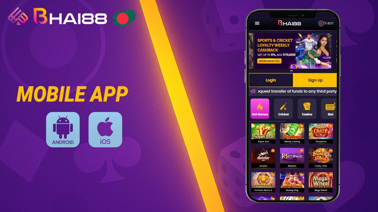 Bhai88 mobile app for Android and iOS offering casino games and sports betting.