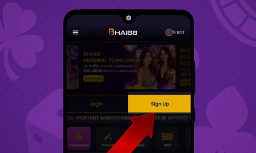 Tapping the Sign Up button on the Bhai88 homepage using Android.