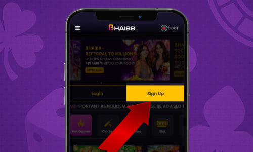 Tapping the Sign Up button on the Bhai88 homepage using iOS.