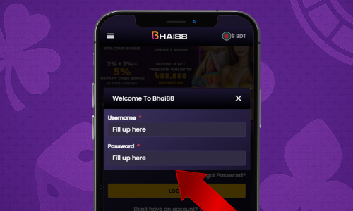 Entering username and password in the Bhai88 login form on an iOS device.