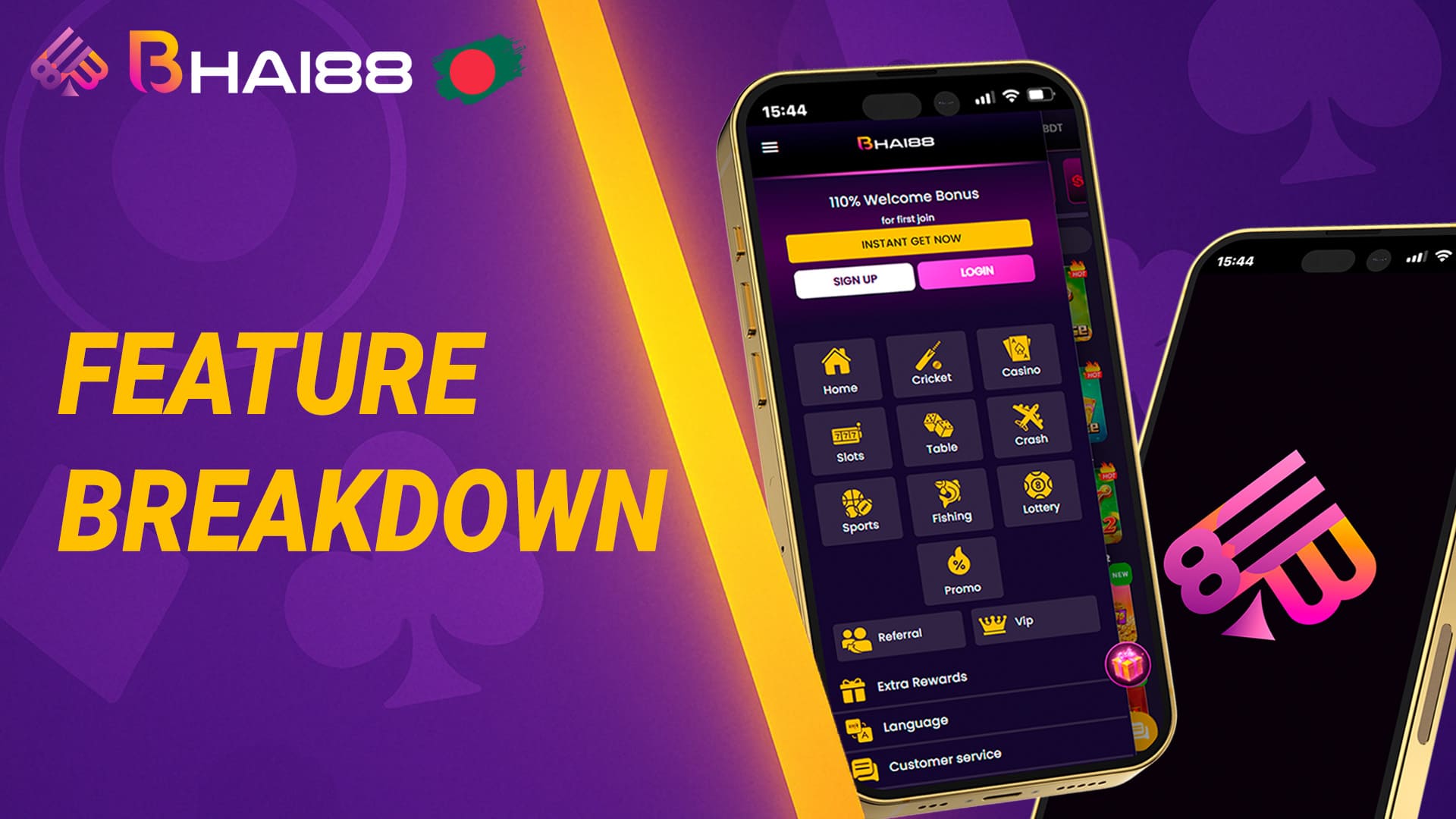 Multiple smartphones displaying different Bhai88 app screens to showcase its features