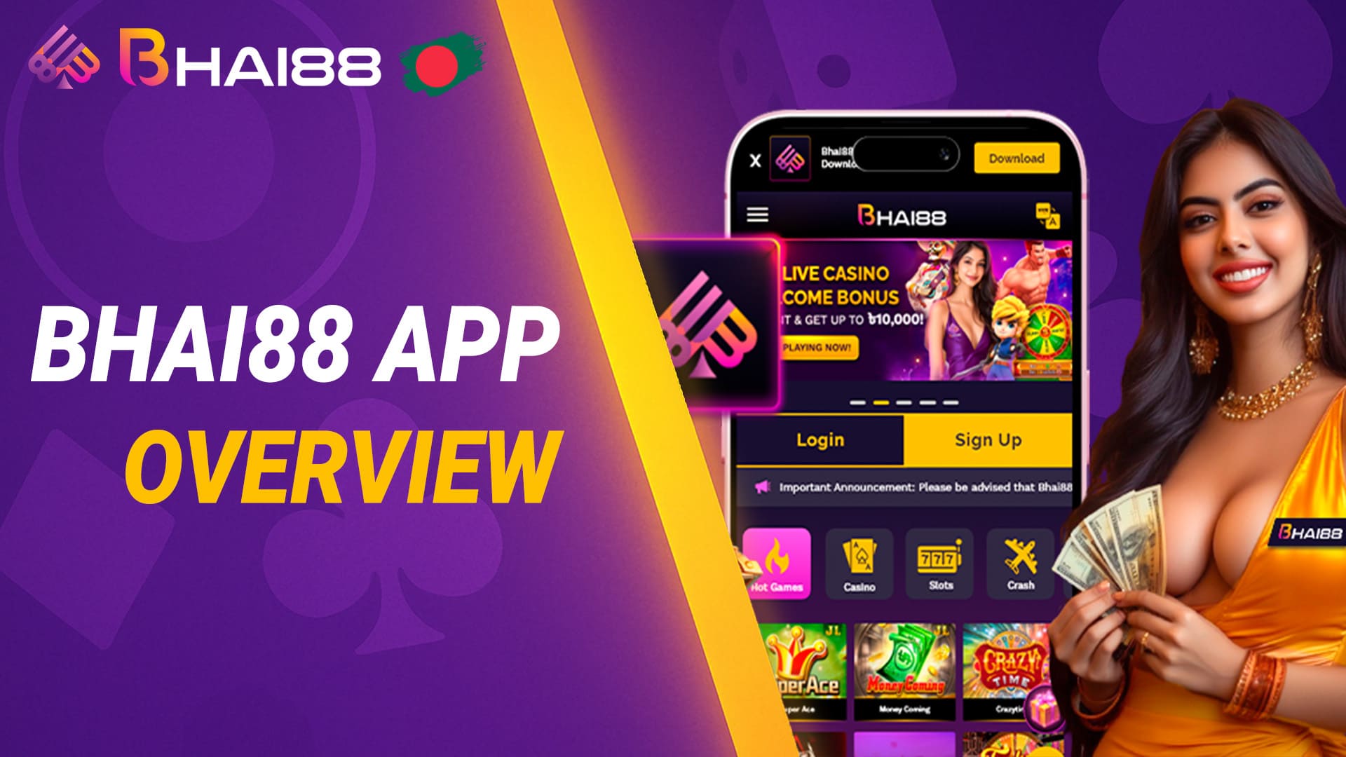 Woman holding cash beside smartphone screens displaying the Bhai88 app interface