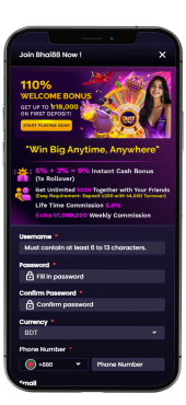 Mobile registration form with fields for creating a new Bhai88 account