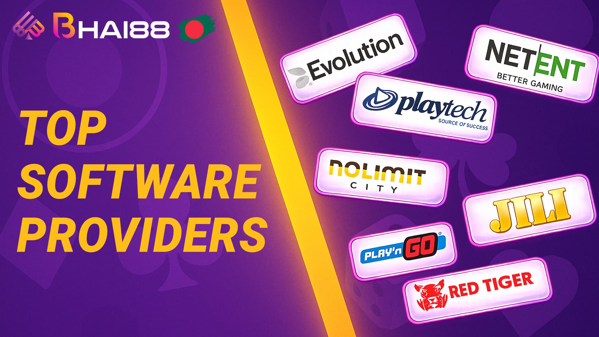 Software providers partnered with Bhai88, including Evolution, NetEnt, Playtech, JILI, Play’n GO, NoLimit City, and Red Tiger